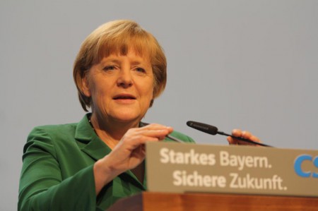 Angela Merkel spricht am 19.10.2012 auf dem CSU-Parteitag in München. Bild: Michael Lucan